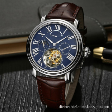2016 New Arrival Functional Genuine Leather Men Tourbillon Mechanical Watch With Custom Logo